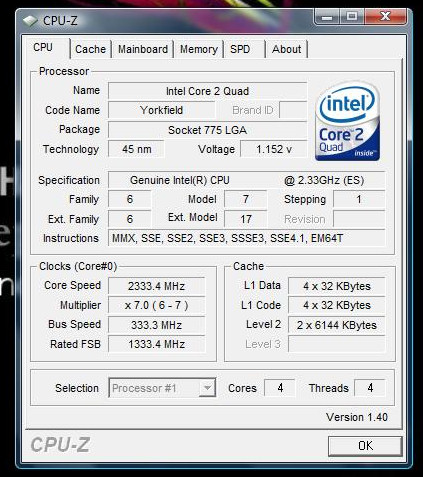 Intel Yorkfield ES Sample -- CPU-Z