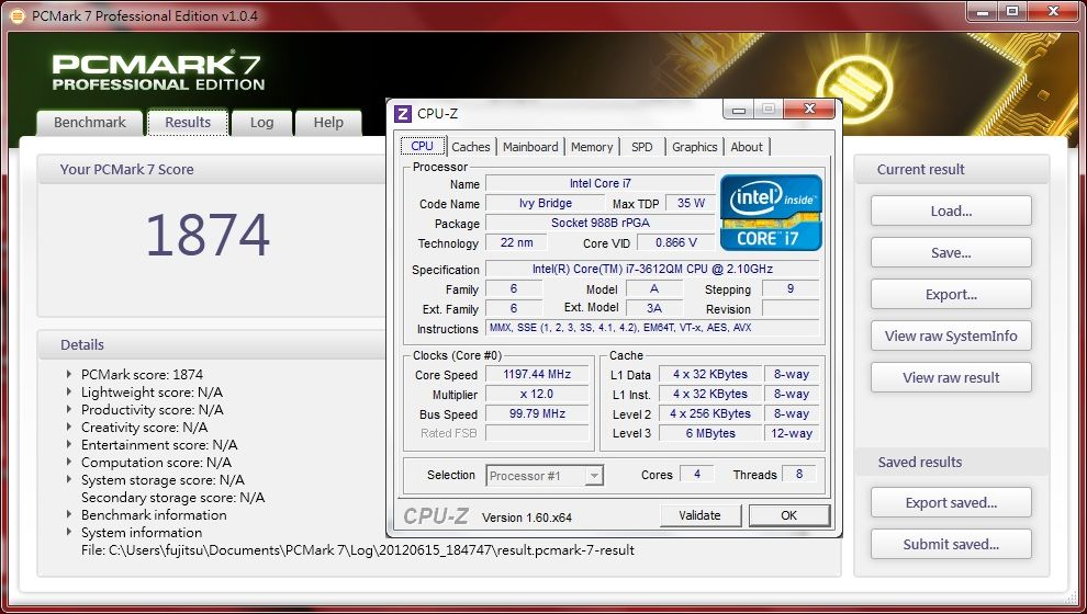 Fujitsu LH532 PCMark 7 w CPUZ.