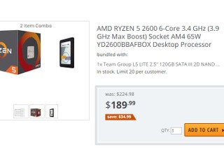 AMD Ryzen  處理器超抵優惠套裝 Ryzen 5 2600 + 120GB SSD 只需 189.99 美元