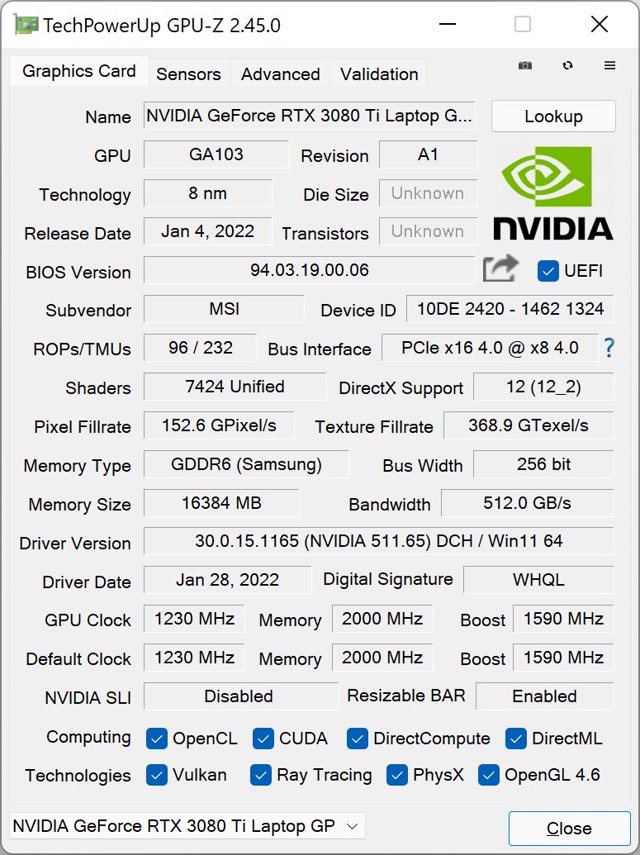 MSI Raider GE76 12UHS GPU-Z