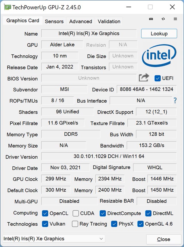 MSI Raider GE76 12UHS GPU-Z