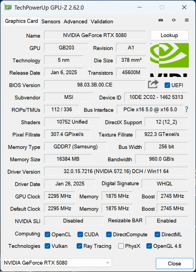 MSI GeForce RTX 5080 16G SUPRIM