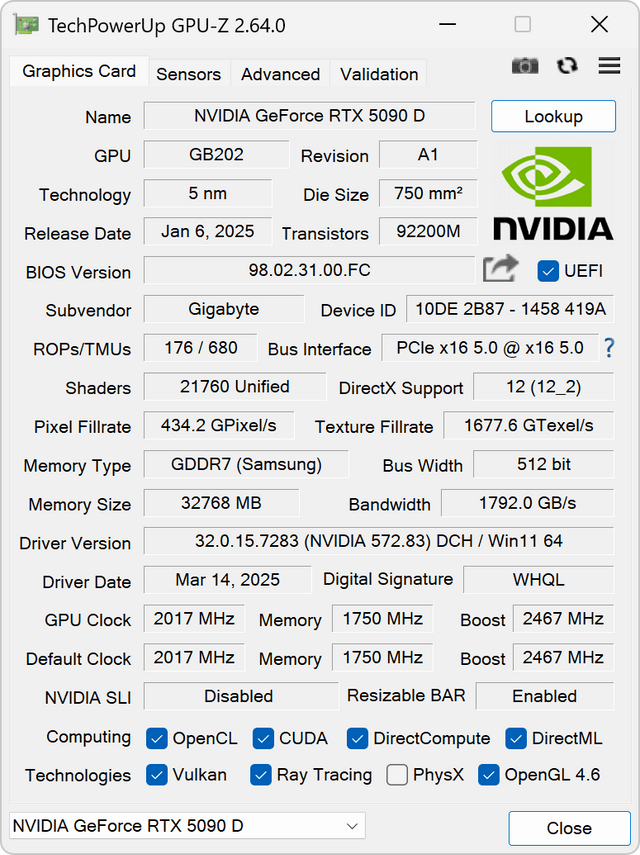GIGABYTE RTX 5090 D WINDFORCE OC