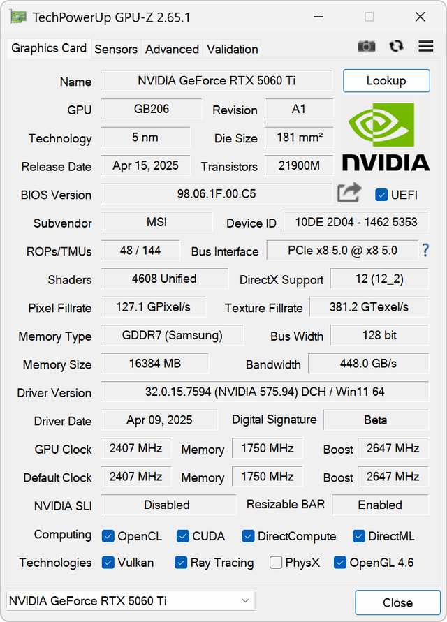 MSI RTX 5060 Ti 16G GAMING TRIO