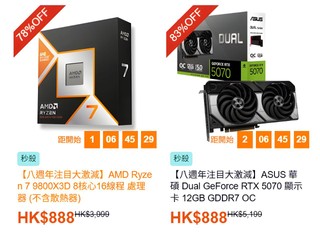 環球 WCSL 搞 8 週年慶第二波 9800X3D、RTX 5070 特價 HK$888